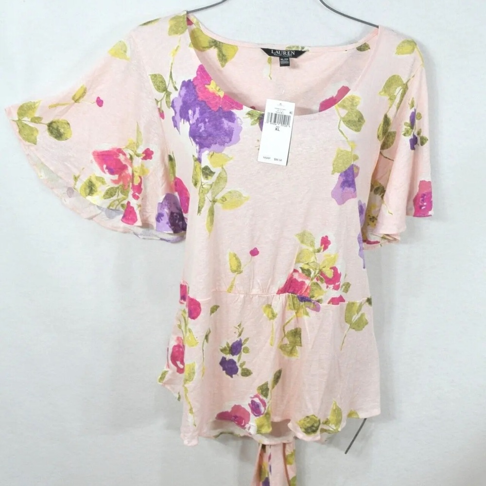 NWT Ralph Lauren Front Tie Top Size Small Pink Floral Linen Blend Flutter Sleeve